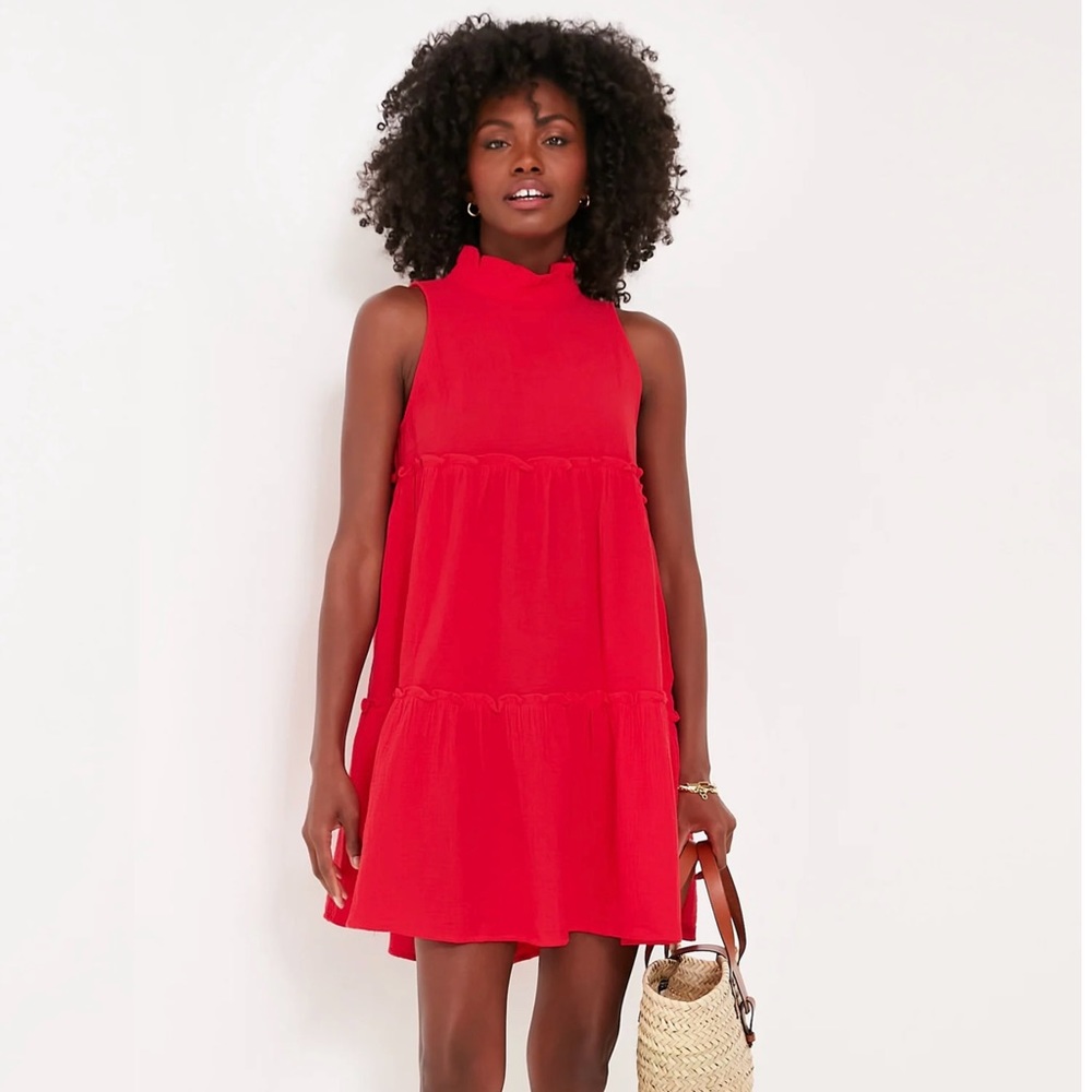 Red Sleeveless Tiered Mini Dress with Mock Neck